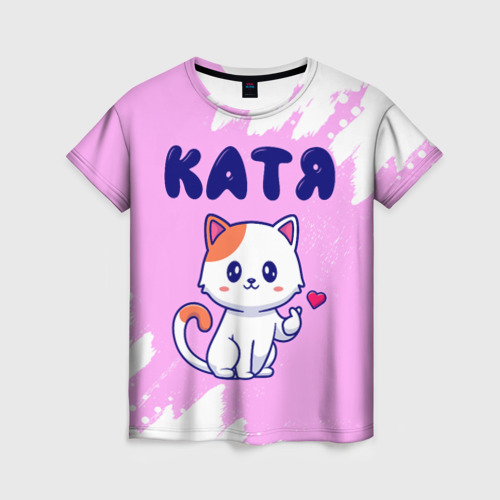 Женская футболка 3D с принтом Катя кошечка с сердечком, вид спереди #2