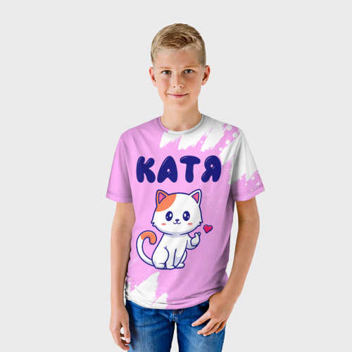Детская футболка 3D Катя кошечка с сердечком, цвет 3D печать - фото 3