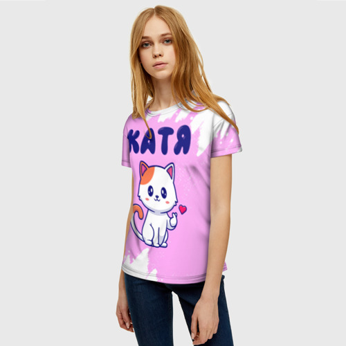 Женская футболка 3D с принтом Катя кошечка с сердечком, фото на моделе #1