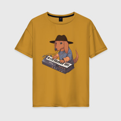 Женская футболка хлопок Oversize Аниме Такса с синтезатором