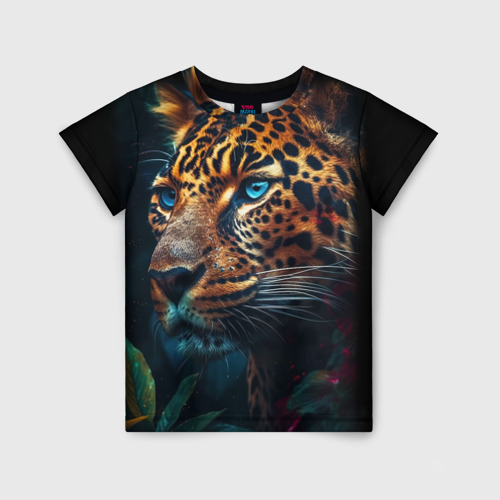 Детская футболка с принтом Леопард с синими глазами, вид спереди №1