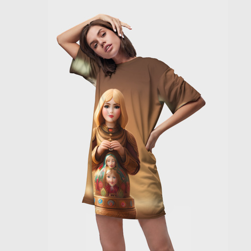 Платье-футболка 3D Матрёшка 585 Гольд кукла, цвет 3D печать - фото 3