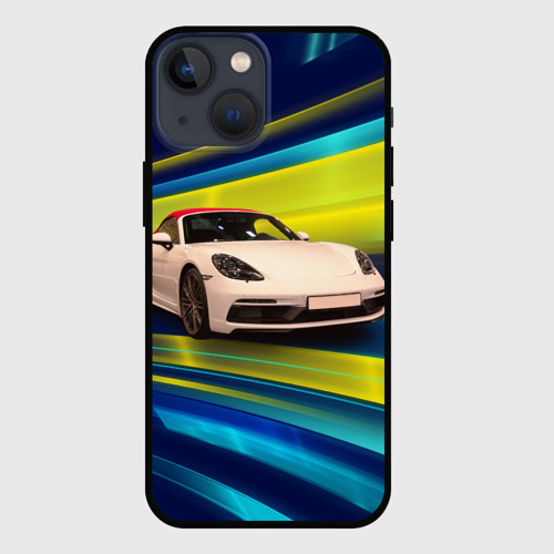 Чехол для iPhone 13 mini с принтом Спорткар Porsche в движении, вид спереди #2