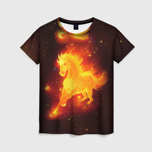 Женская футболка 3D с принтом Огненный конь мчится, вид спереди #2