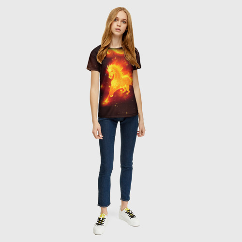 Женская футболка 3D с принтом Огненный конь мчится, вид сбоку #3