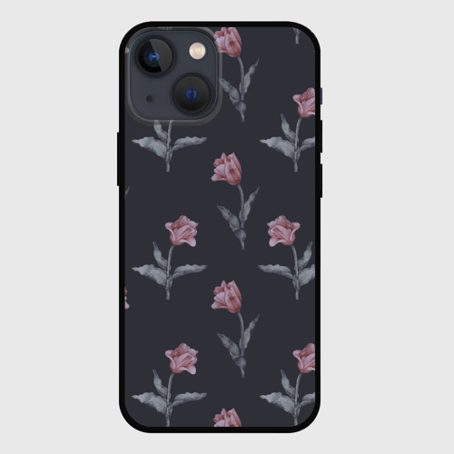 Чехол для iPhone 13 mini с принтом Красные тюльпаны с листьями на черном фоне, вид спереди #2