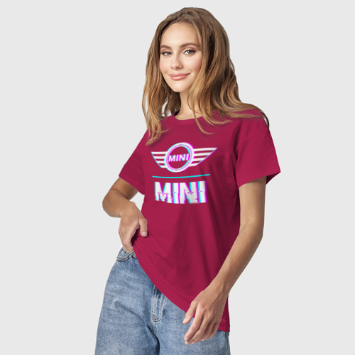 Светящаяся женская футболка с принтом Значок Mini в стиле glitch, фото на моделе #1