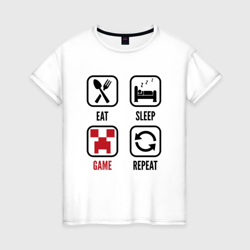 Женская футболка хлопок с принтом Eat - sleep - Minecraft - repeat, вид спереди #2
