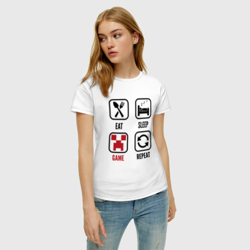 Женская футболка хлопок с принтом Eat - sleep - Minecraft - repeat, фото на моделе #1