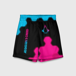 Детские спортивные шорты 3D Assassin's Creed - neon gradient: надпись, символ