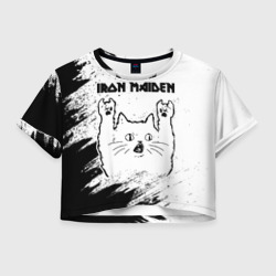 Женская футболка Crop-top 3D Iron Maiden рок кот на светлом фоне