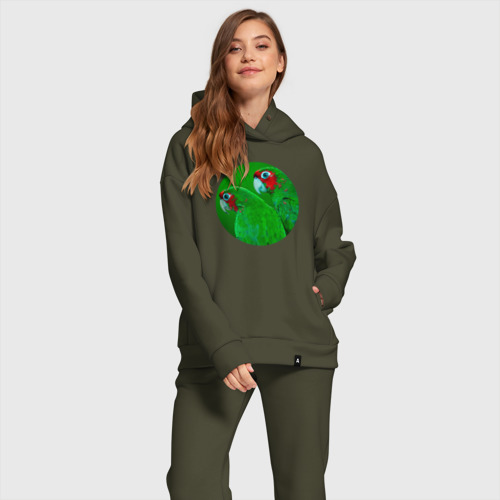 Женский костюм хлопок Oversize с принтом Два зелёных попугая, фото на моделе #1