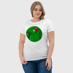 Футболка с принтом Два зелёных попугая для женщины, вид на модели спереди №4. Цвет основы: белый