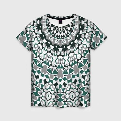 Женская футболка 3D Узор мандала в серых и зеленых тонах, цвет 3D печать