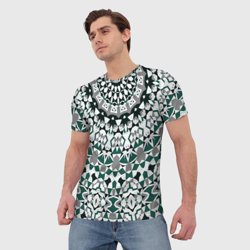 Мужская футболка 3D Узор мандала в серых и зеленых тонах, цвет 3D печать - фото 3