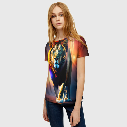 Женская футболка 3D с принтом Космический грозный лев, фото на моделе #1