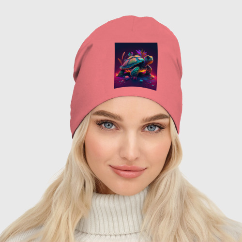 Женская шапка демисезонная Черепаха в неоновом свете, цвет розовый - фото 3