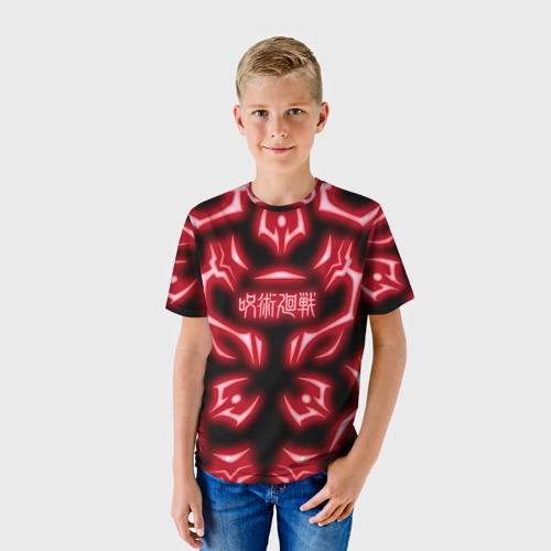 Детская футболка 3D с принтом Магическая битва светящиеся Знаки Сукуны, фото на моделе #1