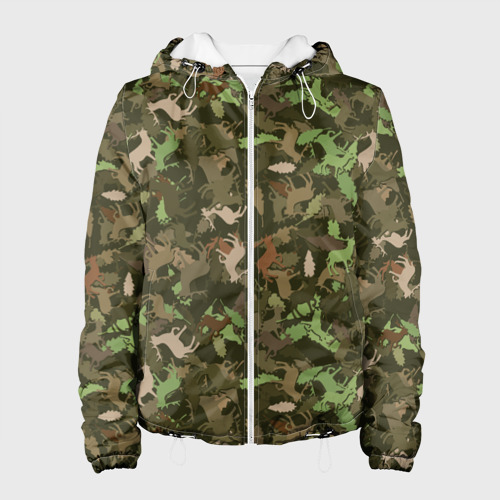 Женская куртка 3D Олени и дубовые листья - камуфляж, цвет белый