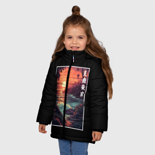 Зимняя куртка для девочек 3D с принтом Морской закат, фото на моделе #1