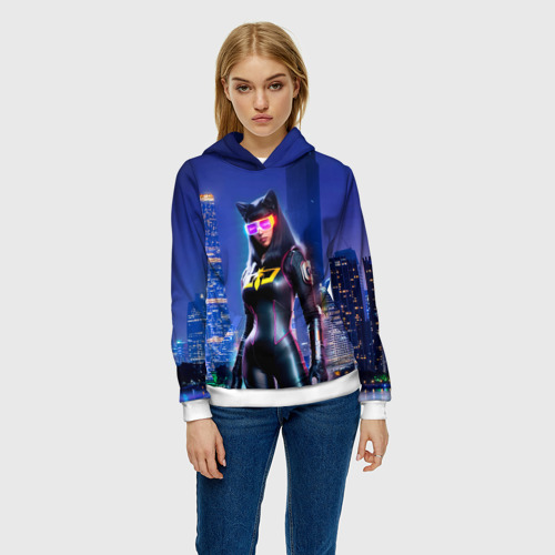 Женская толстовка 3D Cat girl on the background of a megalopolis, цвет 3D печать - фото 3
