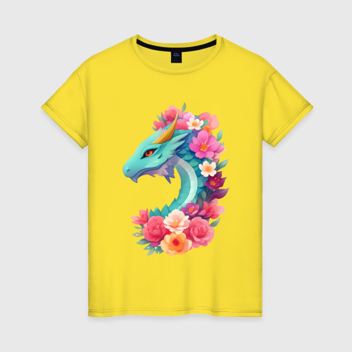 Женская футболка хлопок Зеленый дракон с цветами, цвет желтый