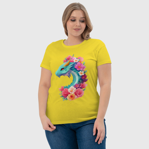 Женская футболка хлопок Зеленый дракон с цветами, цвет желтый - фото 6