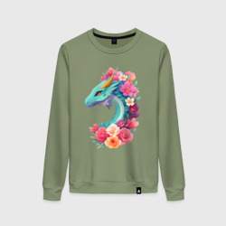 Женский свитшот хлопок Зеленый дракон с цветами