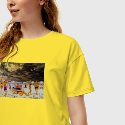 Женская футболка хлопок Oversize Люди призраки прошлого на пляже, цвет желтый - фото 3