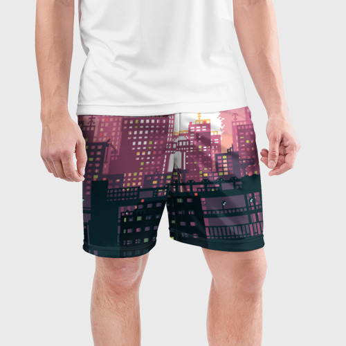 Мужские шорты спортивные с принтом Пиксельный пейзаж города - закат, фото на моделе #1