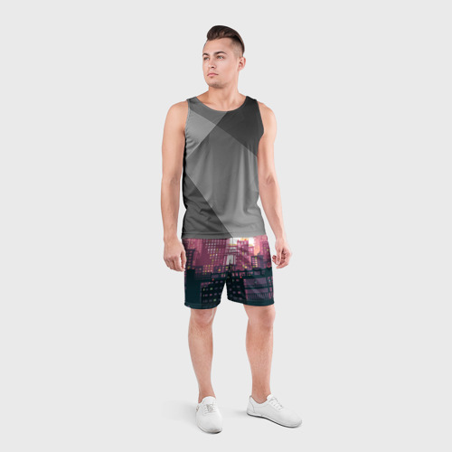 Мужские шорты спортивные с принтом Пиксельный пейзаж города - закат, вид сбоку #3