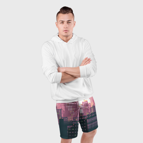 Мужские шорты спортивные с принтом Пиксельный пейзаж города - закат, фото #4