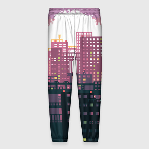 Мужские брюки 3D с принтом Пиксельный пейзаж города - закат, вид сзади #1
