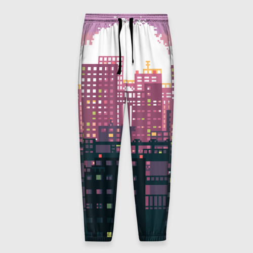 Мужские брюки 3D с принтом Пиксельный пейзаж города - закат, вид спереди #2