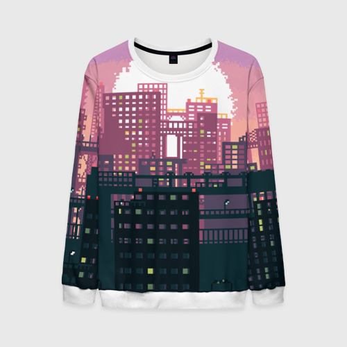 Мужской свитшот 3D с принтом Пиксельный пейзаж города - закат, вид спереди #2