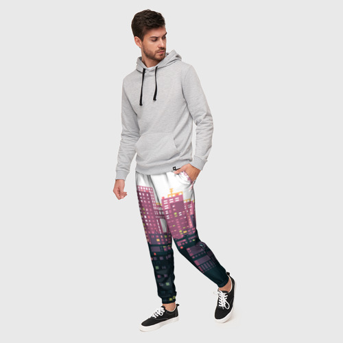Мужские брюки 3D с принтом Пиксельный пейзаж города - закат, фото на моделе #1