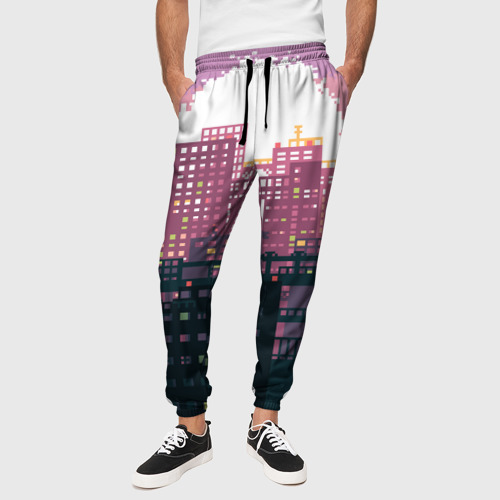 Мужские брюки 3D с принтом Пиксельный пейзаж города - закат, вид сбоку #3