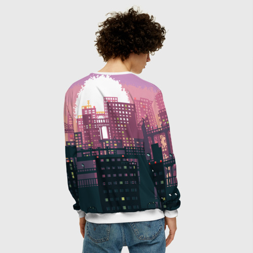 Мужской свитшот 3D с принтом Пиксельный пейзаж города - закат, вид сзади #2