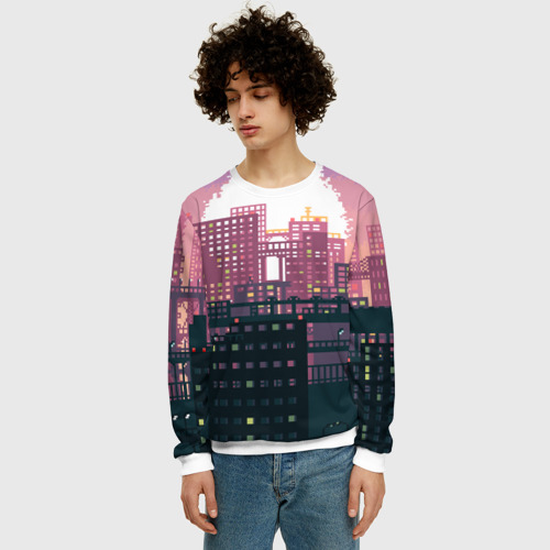 Мужской свитшот 3D с принтом Пиксельный пейзаж города - закат, фото на моделе #1