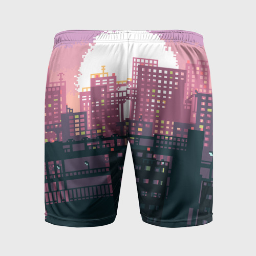 Мужские шорты спортивные с принтом Пиксельный пейзаж города - закат, вид сзади #1
