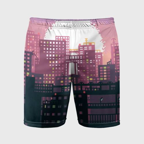 Мужские шорты спортивные с принтом Пиксельный пейзаж города - закат, вид спереди #2