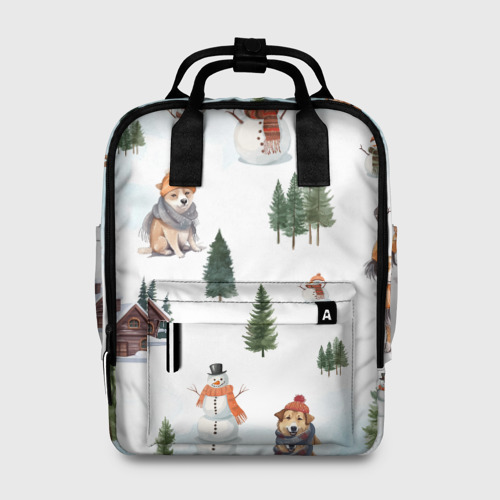 Женский рюкзак 3D с принтом Собачки, ёлочки и снеговички, вид спереди #2