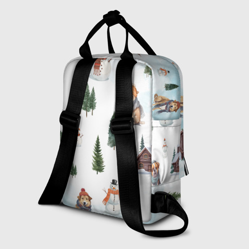 Женский рюкзак 3D с принтом Собачки, ёлочки и снеговички, вид сзади #1