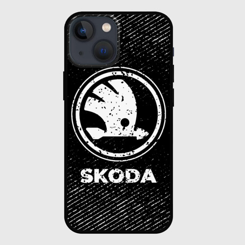Чехол для iPhone 13 mini Skoda с потертостями на темном фоне