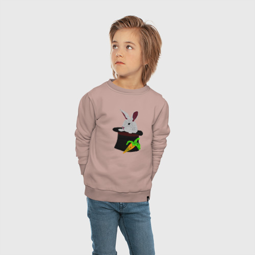 Детский свитшот хлопок с принтом Кролик с морковкой в цилиндре, вид сбоку #3