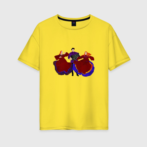 Женская футболка хлопок Oversize Баянист и две девушки в русских костюмах, цвет желтый