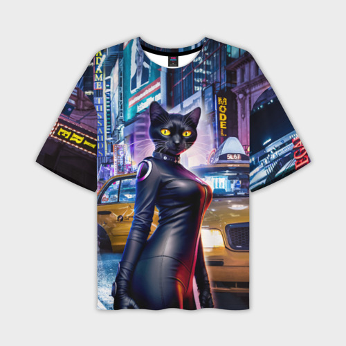 Мужская футболка oversize 3D Модная чёрная кошечка в Нью-Йорке, цвет 3D печать
