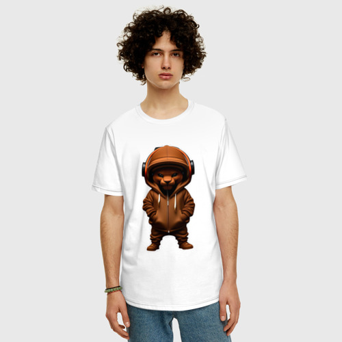 Мужская футболка хлопок Oversize с принтом Маленький львёнок в наушниках, фото на моделе #1