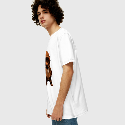 Мужская футболка хлопок Oversize с принтом Маленький львёнок в наушниках, вид сбоку #3