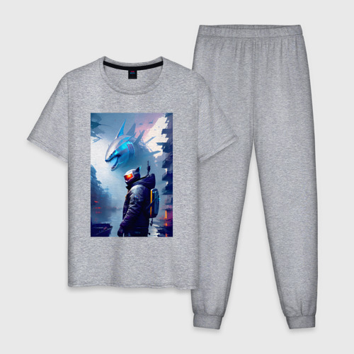 Мужская пижама хлопок с принтом Акула - киберпанк - нейросеть, вид спереди #2